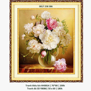 Tranh đính đá-tranh thêu kín bình hoa mẫu đơn vs075,mn0136