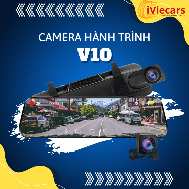 Camera hành trình ô tô V10 gương màn lớn trước sau 2K full HD kết nối điện thoại hỗ trợ quay đêm, bảo hành 12 tháng