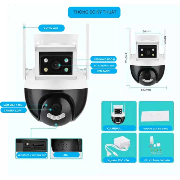 Camera 2 mắt yoosee ngoài trời Ptz 8led 6.0Mpx quay quét 360 độ siêu nét, góc rộng, có màu ban đêm