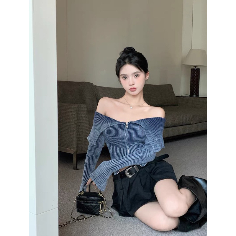 Áo kiểu trễ vai màu xanh giống Jennie Blackpink, Minnie GIDLE