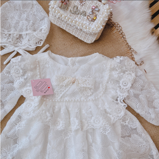 Set Váy Bé Gái Sơ Sinh Mykids Váy Body Cho Bé Kèm Mũ, Đầm Bé Gái Màu Trắng, Đầm Đầy Tháng cho bé 4-11kg