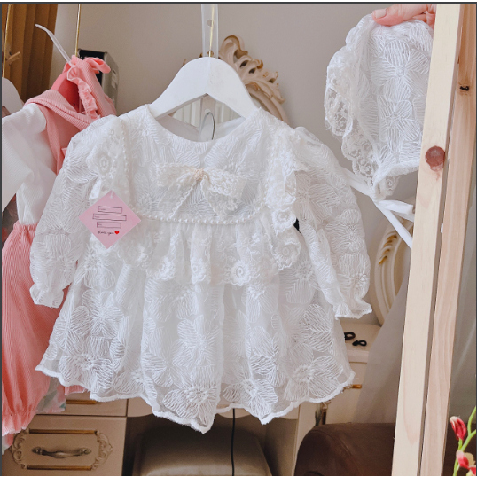 Set Váy Bé Gái Sơ Sinh Mykids Váy Body Cho Bé Kèm Mũ, Đầm Bé Gái Màu Trắng, Đầm Đầy Tháng cho bé 4-11kg