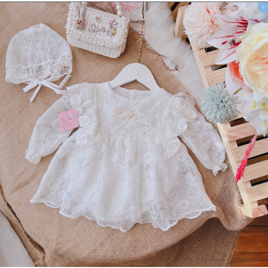 Set Váy Bé Gái Sơ Sinh Mykids Váy Body Cho Bé Kèm Mũ, Đầm Bé Gái Màu Trắng, Đầm Đầy Tháng cho bé 4-11kg