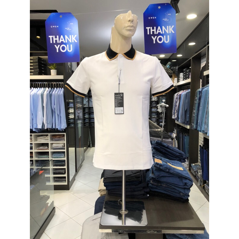 Áo polo owen màu trắng body fit vải cotton APV231382