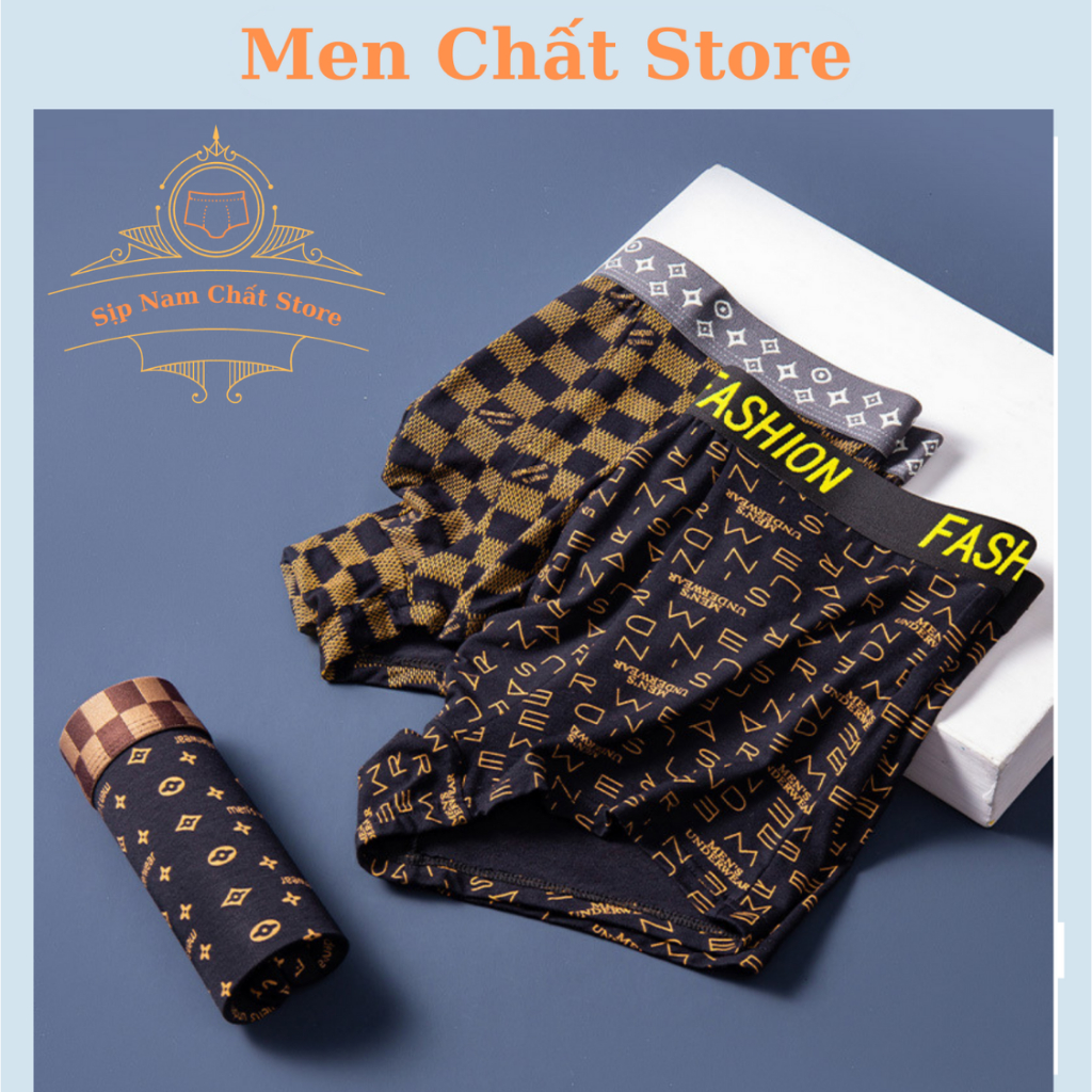 Sịp boxer nam thương hiệu gú.cci. Combo 4 quần sịp nam thun lạnh đóng hộp sang trọng.