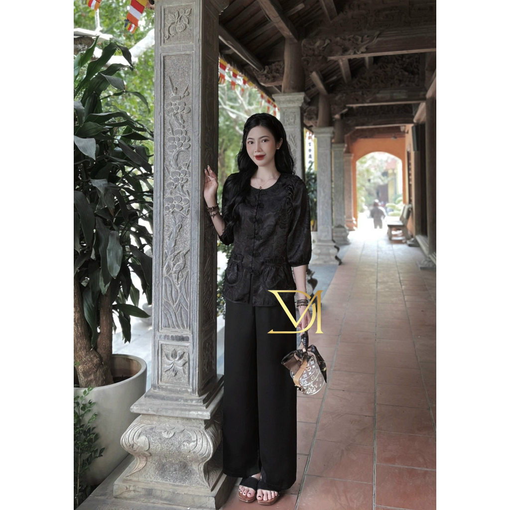 Đồ lam đi chùa, Bộ Đi Lễ Chùa Nữ Mẫu Bà Ba Túi Tiền Cúc Tết Vai Bèoi Lụa Gấm Loại 1 màu Vàng