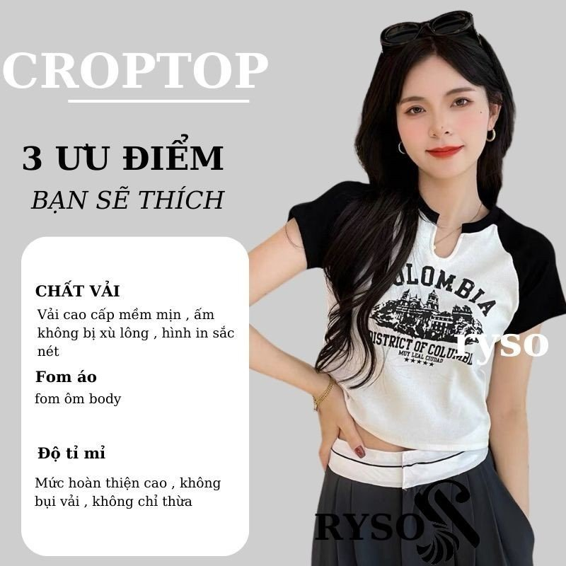 Áo Croptop Ôm Body Nữ RYSO FASHION In Hình COLOMBIA Tay Ngắn Cổ Xẻ V Kiểu Sexy In Họa Tiết crt thun gân dày loạ