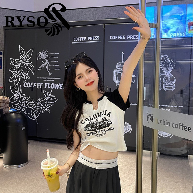 Áo Croptop Ôm Body Nữ RYSO FASHION In Hình COLOMBIA Tay Ngắn Cổ Xẻ V Kiểu Sexy In Họa Tiết crt thun gân dày loạ