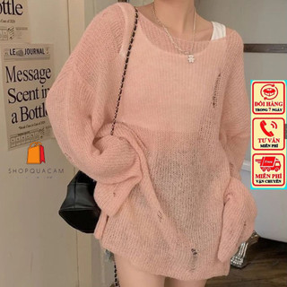 Áo Len Mỏng Kiểu Rách Thân Cá Tính Cổ Tròn Dáng Dài From Rộng Dễ Phối Đồ Hàng Qccc Thời Trang Nữ Shopquacam