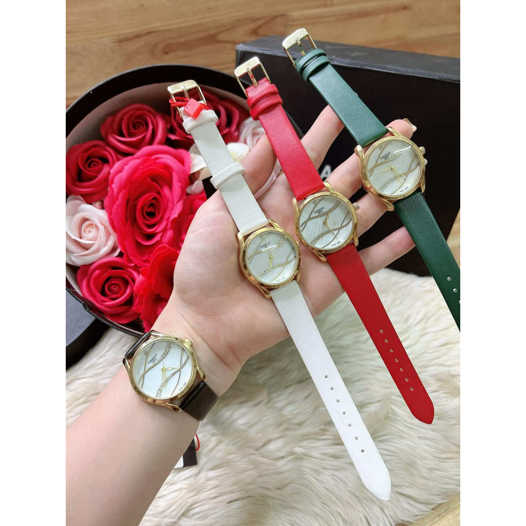 Đồng Hồ Nữ Ttisot JAPAN WATCH Thiết Kế Mặt Dáng Gợn Sóng Đính Đá Dây Da Cao Cấp Size 32mm