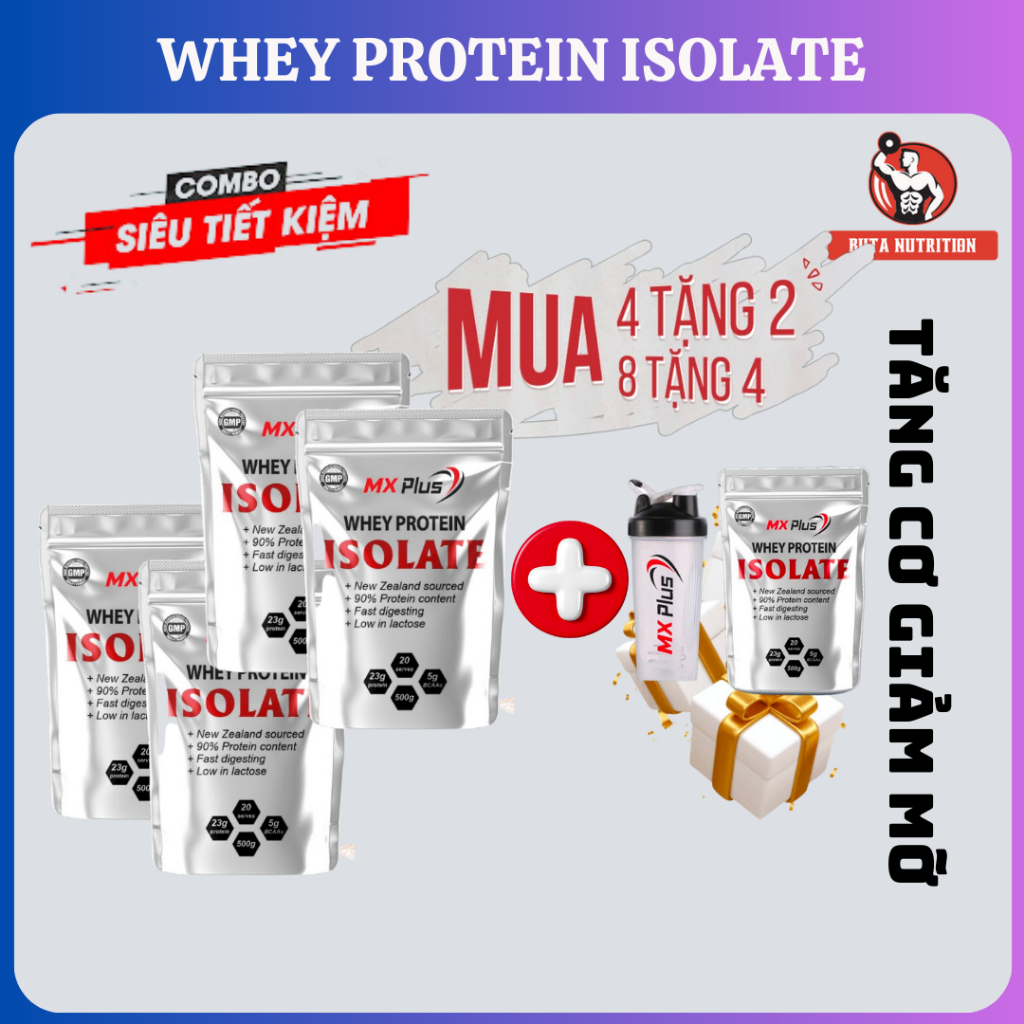 Mua 4 tặng 1 túi - Combo 4 Whey Protein Isolate MX PLUS - 80 Serving - Tăng cơ giảm mỡ