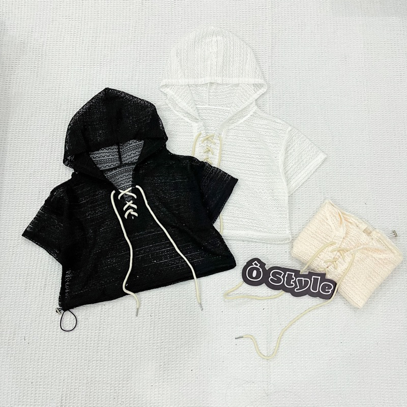 Áo ren cộc tay dáng croptop rút eo có mũ