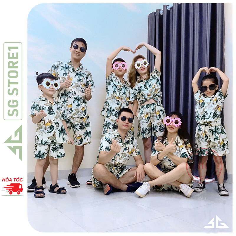 Bộ đồ đi biển hoa lá nguyên set gồm áo và quần nổi bật có size trẻ em có thể mặc cặp đôi gia đình hội nhóm BHT | SGSTORE