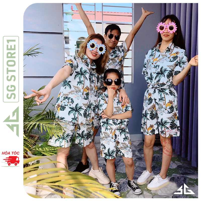 Bộ đồ đi biển hoa lá nguyên set gồm áo và quần nổi bật có size trẻ em có thể mặc cặp đôi gia đình hội nhóm BHT | SGSTORE