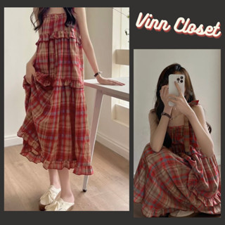 Váy hai dây babydoll kẻ đỏ vintage dáng dài,đầm dáng dài 2 dây maxi đi biển mùa hè chất kẻ đũi thô SV14 VINN_CLOSET