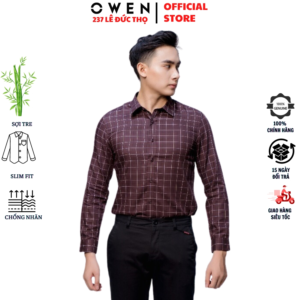 Áo sơ mi nam OWEN AS61012D somi dài tay công sở Nâu Café Caro Trắng Đen slim fit tà lượn không túi chất sợi tre cao cấp