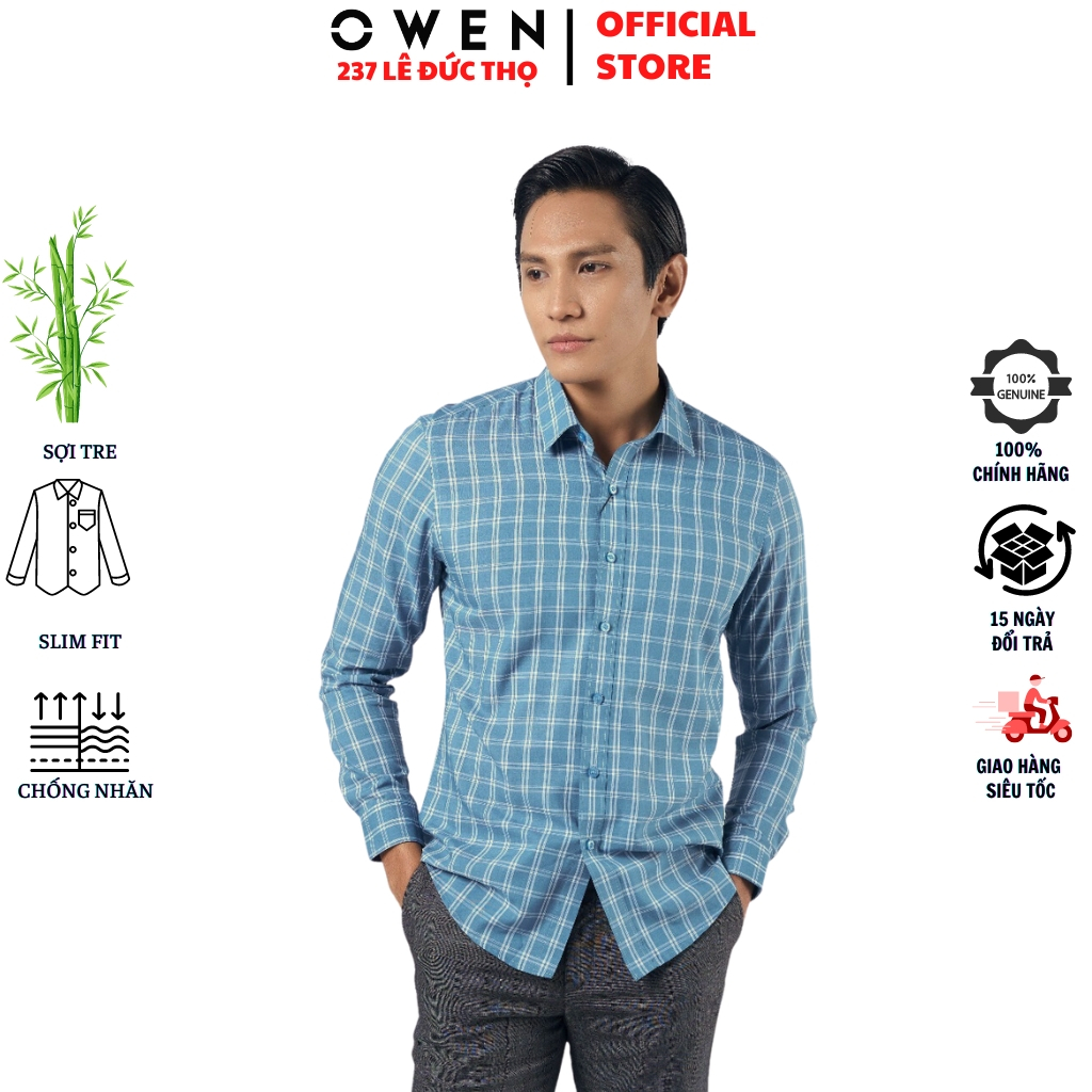 Áo sơ mi nam OWEN AS220951D somi dài tay công sở kẻ caro xanh trắng form slim fit tà lượn không túi chất sợi tre cao cấp