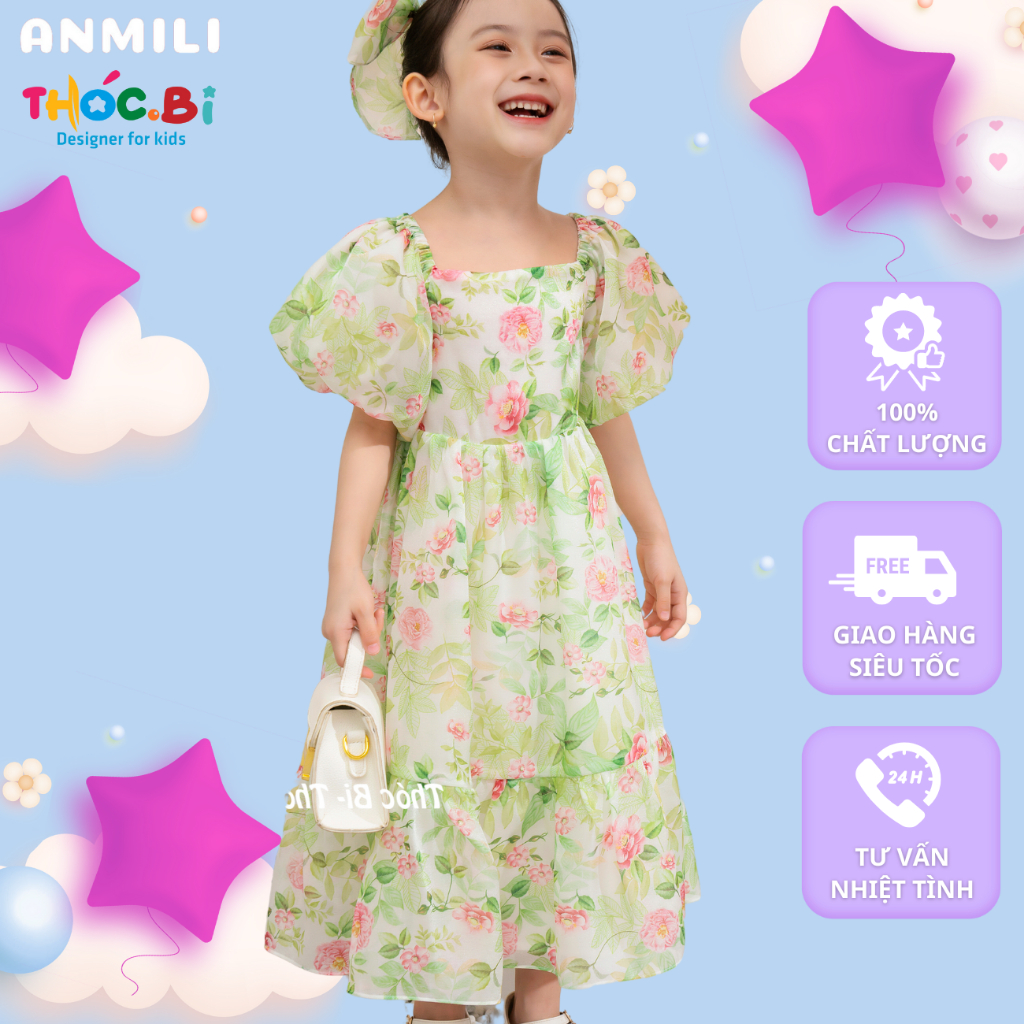 Váy công chúa bé gái Thóc Bi chất liệu tơ mềm mịn họa tiết hoa rực rỡ cho bé 12-38Kg có đồ đôi cho 2 chị em TH279