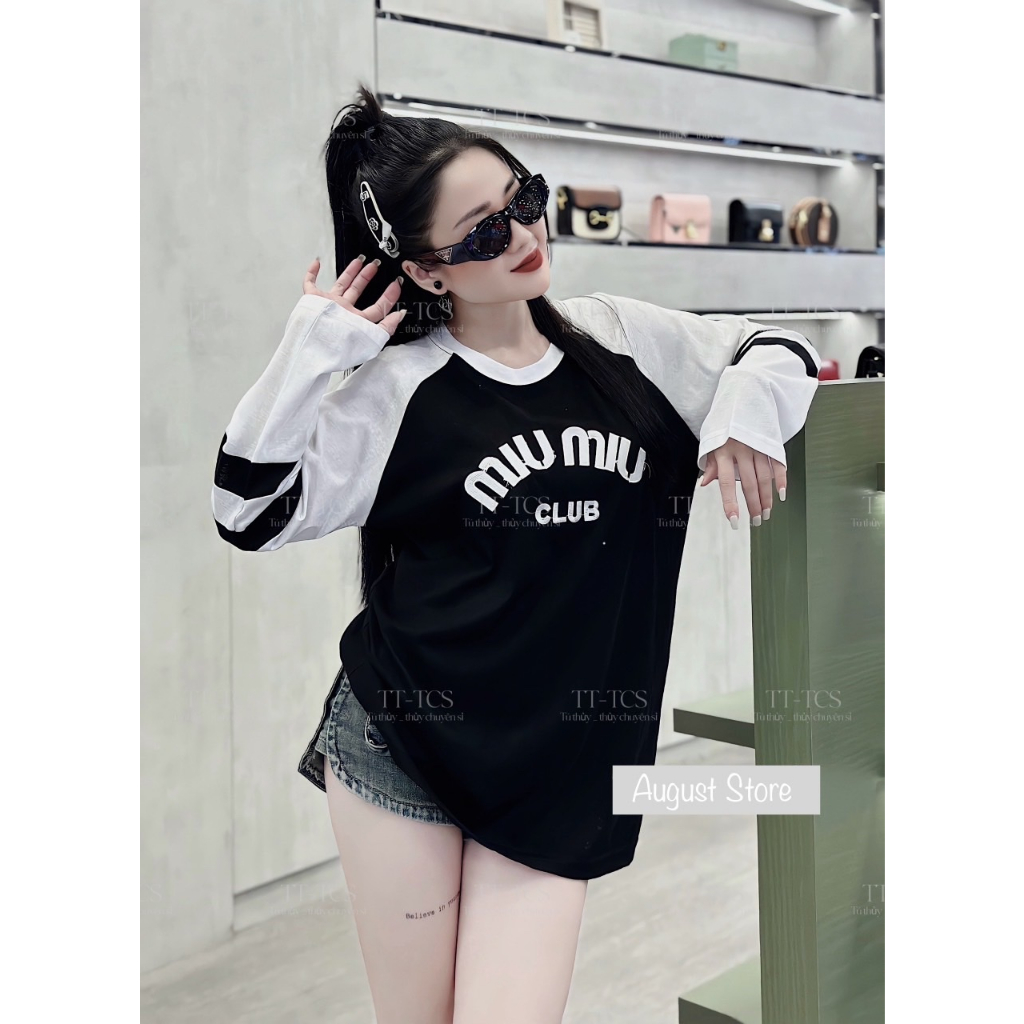 Áo Thun Dài Tay Giấy Miumiu Dáng Rộng Giấu Quần Trùm Mông