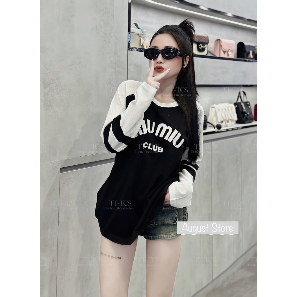 Áo Thun Dài Tay Giấy Miumiu Dáng Rộng Giấu Quần Trùm Mông