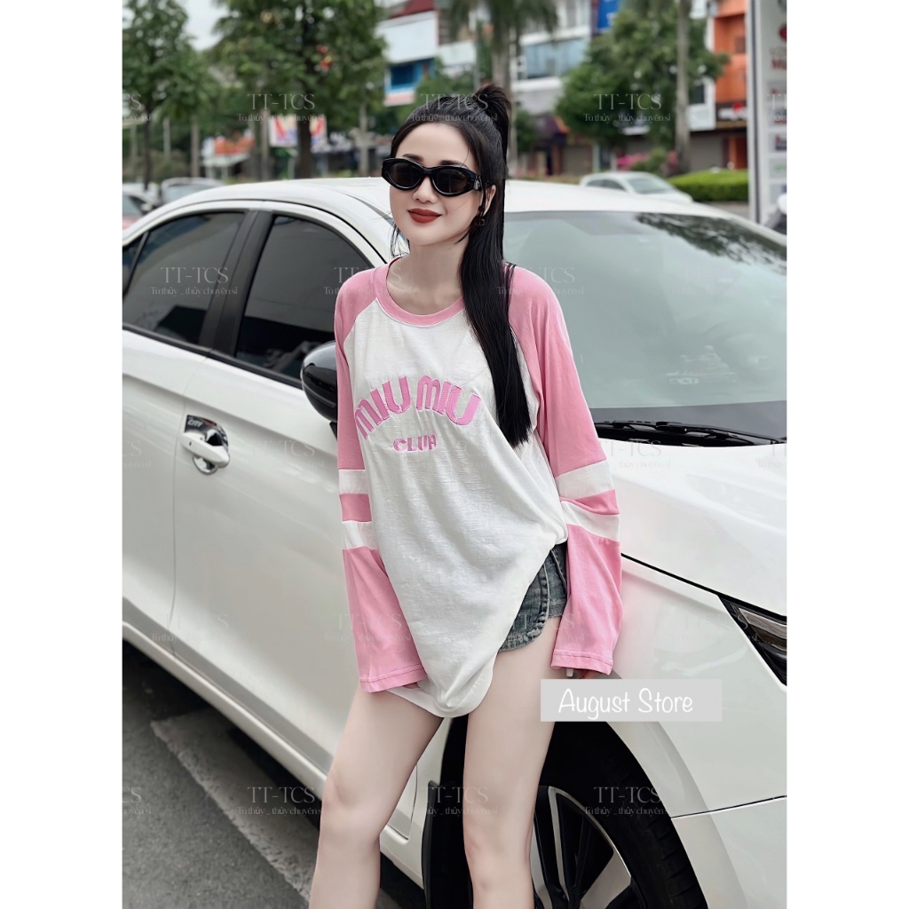 Áo Thun Dài Tay Giấy Miumiu Dáng Rộng Giấu Quần Trùm Mông