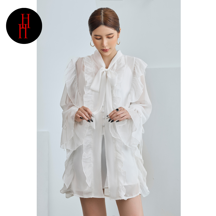 Đầm HDT319  babydoll viền bèo tay dài màu đen - trắng Hỉn Hỉn Store