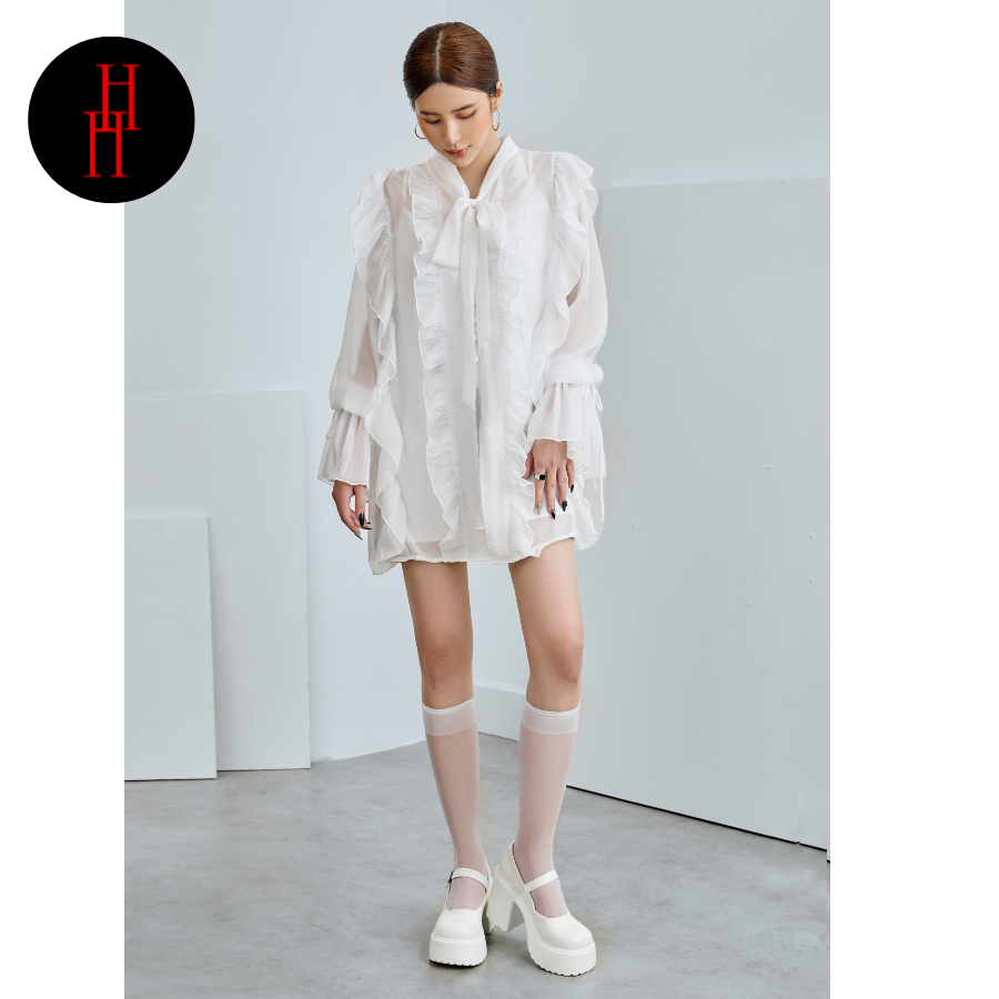 Đầm HDT319  babydoll viền bèo tay dài màu đen - trắng Hỉn Hỉn Store