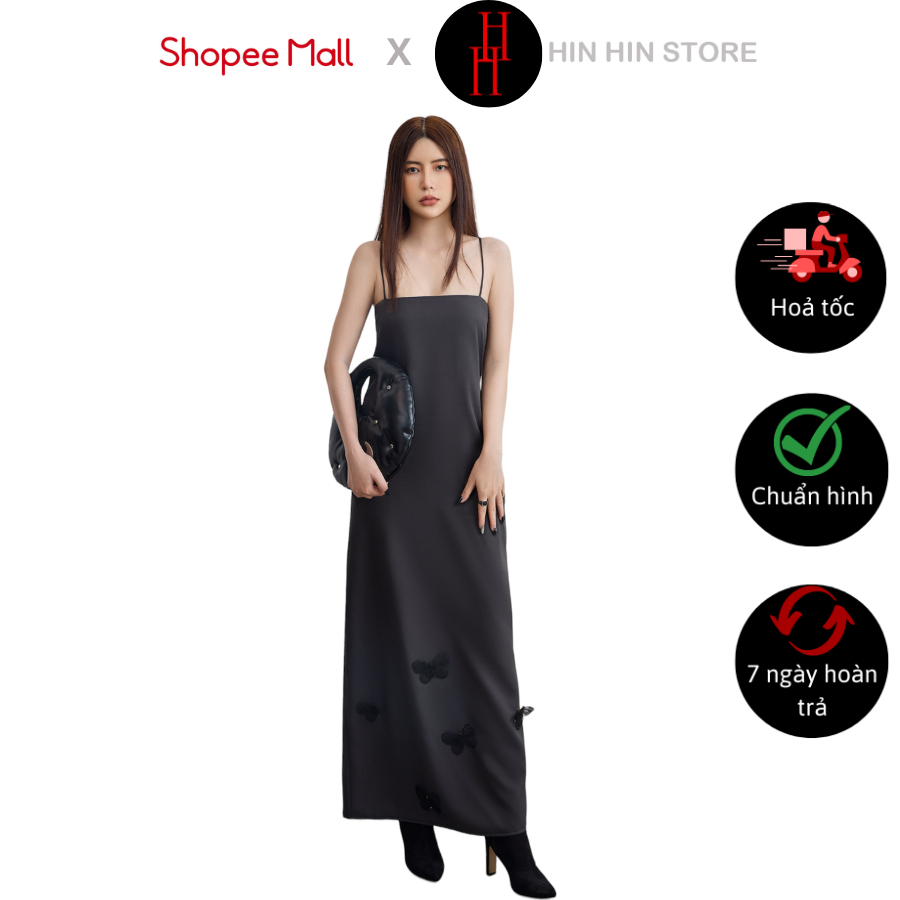 Đầm HDC115 suông hai dây dài qua gối màu xám chì Hỉn Hỉn Store