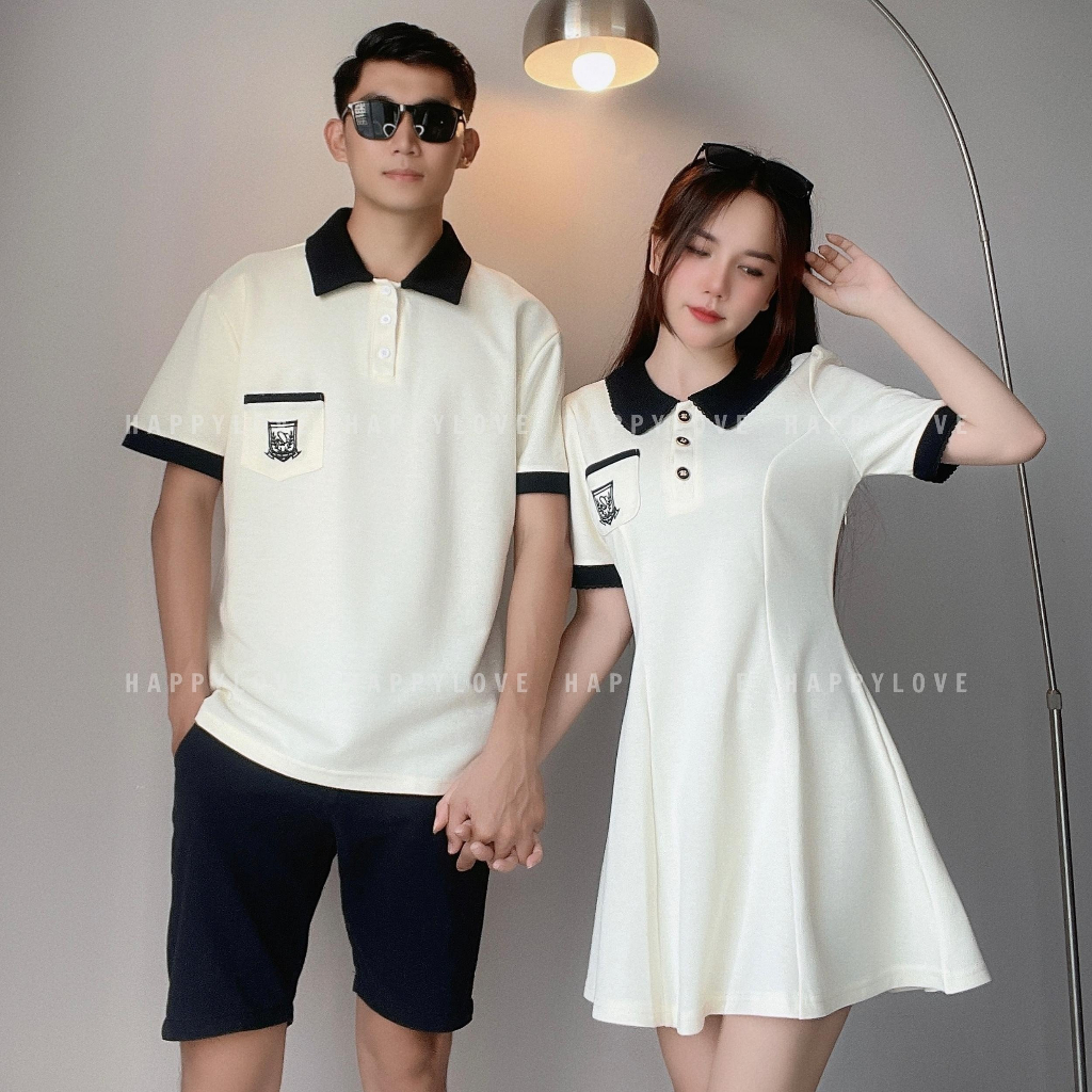 Đồ cặp nam nữ set áo nam đầm nữ đôi mùa hè HAPPYLOVE màu be kem Polo thêu logo dáng xoè dễ thương M097