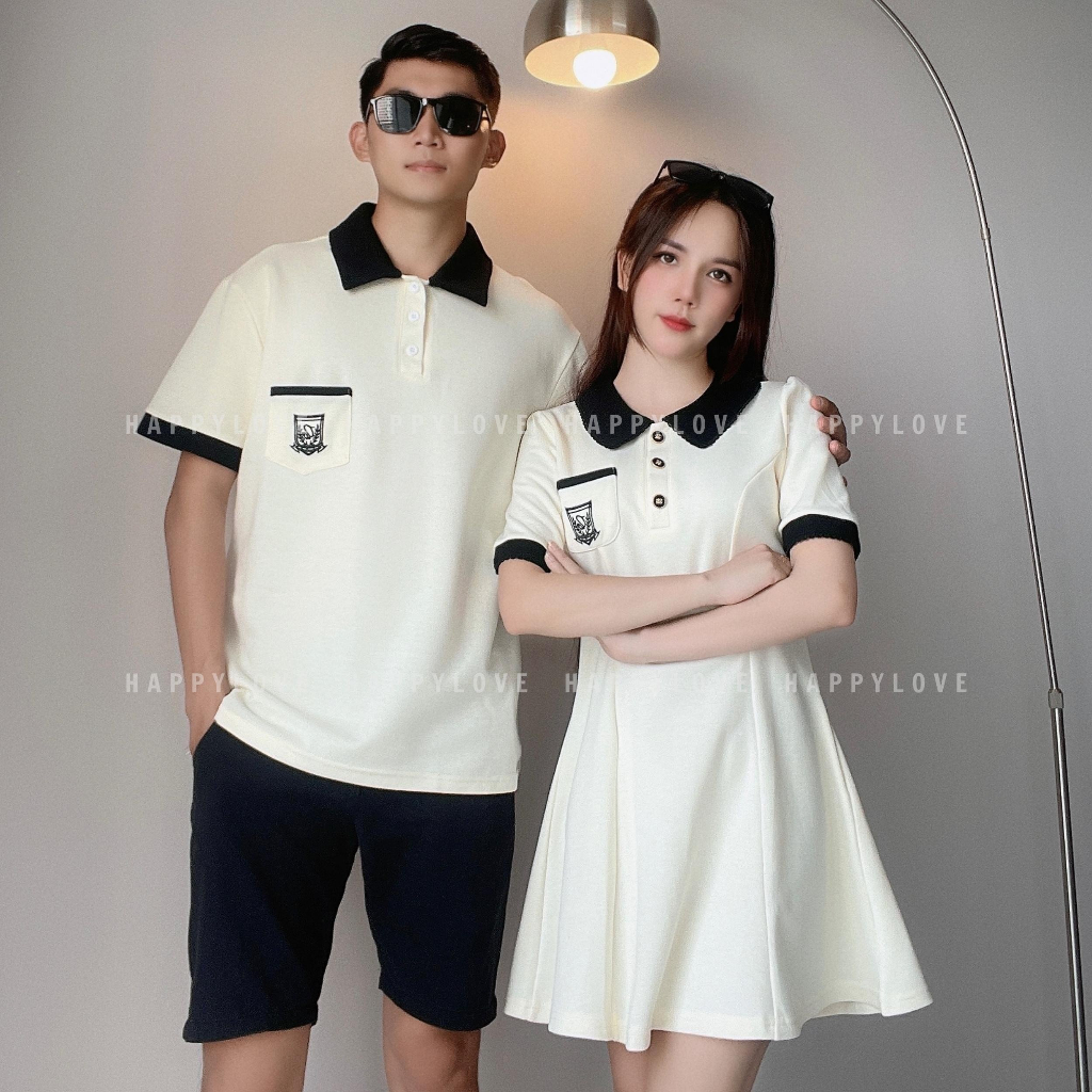 Đồ cặp nam nữ set áo nam đầm nữ đôi mùa hè HAPPYLOVE màu be kem Polo thêu logo dáng xoè dễ thương M097