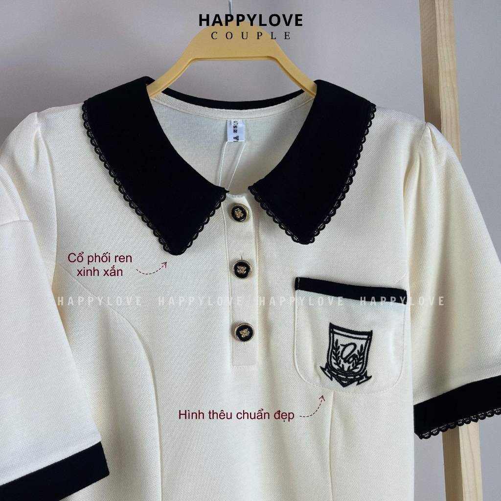 Đồ cặp nam nữ set áo nam đầm nữ đôi mùa hè HAPPYLOVE màu be kem Polo thêu logo dáng xoè dễ thương M097