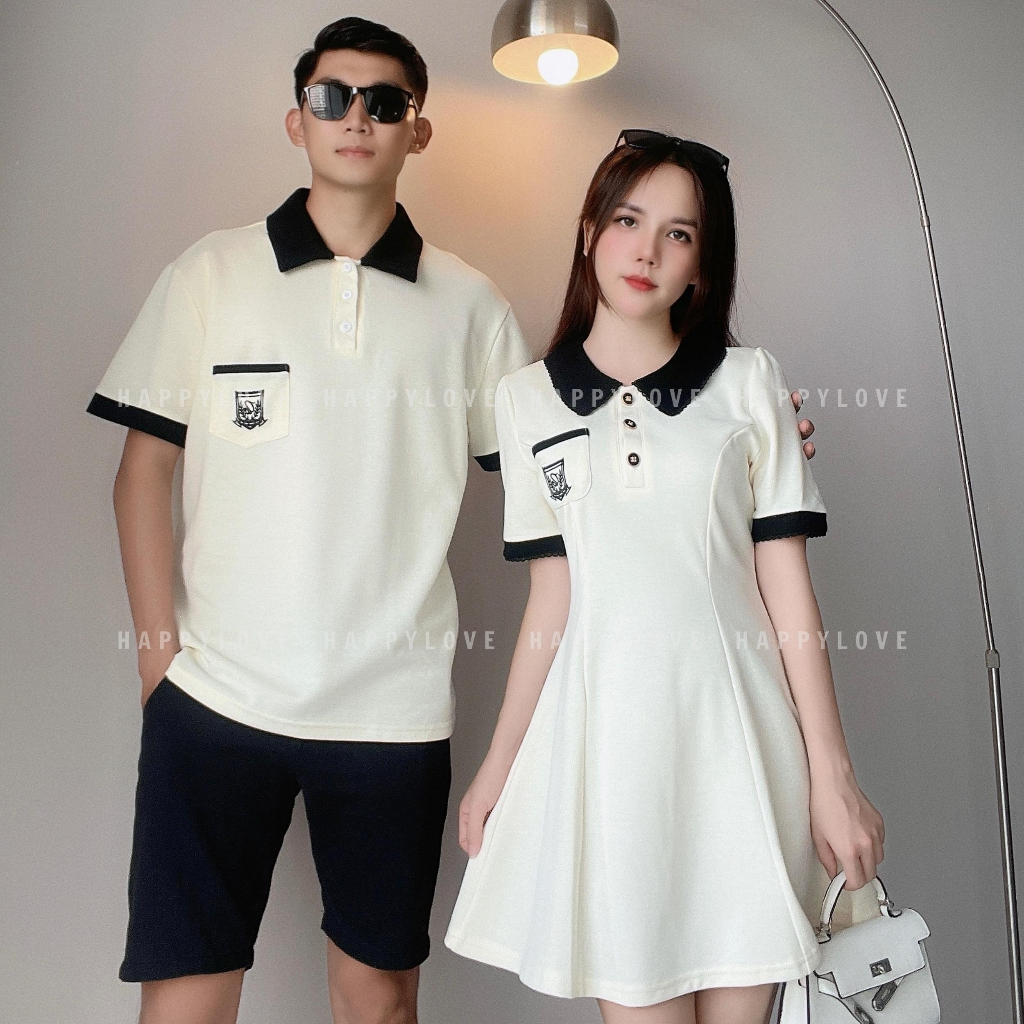 Đồ cặp nam nữ set áo nam đầm nữ đôi mùa hè HAPPYLOVE màu be kem Polo thêu logo dáng xoè dễ thương M097