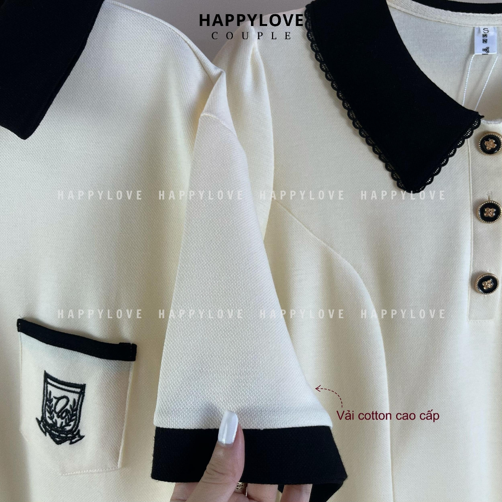 Đồ cặp nam nữ set áo nam đầm nữ đôi mùa hè HAPPYLOVE màu be kem Polo thêu logo dáng xoè dễ thương M097