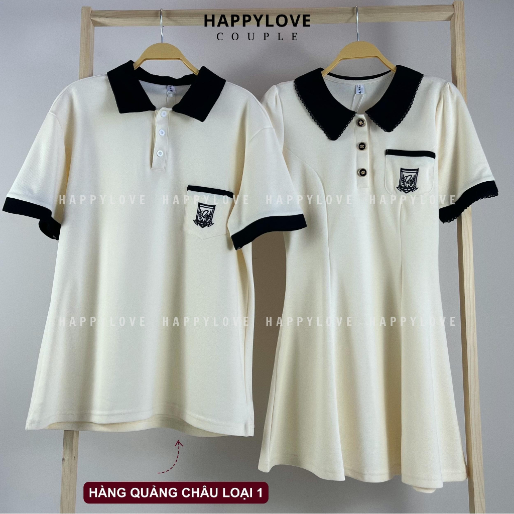 Đồ cặp nam nữ set áo nam đầm nữ đôi mùa hè HAPPYLOVE màu be kem Polo thêu logo dáng xoè dễ thương M097