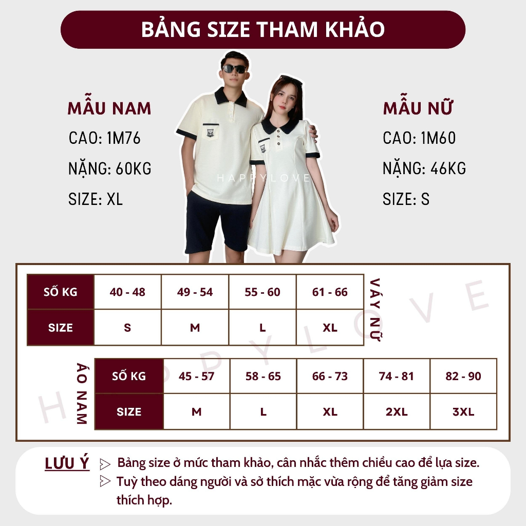 Đồ cặp nam nữ set áo nam đầm nữ đôi mùa hè HAPPYLOVE màu be kem Polo thêu logo dáng xoè dễ thương M097