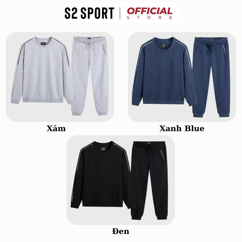 Bộ quần áo nỉ nam S2 SPORT SBNF02 áo sweater cotton USA cổ tròn phối line mặc nhà quần jogger cạp chun bo gấu thể thao