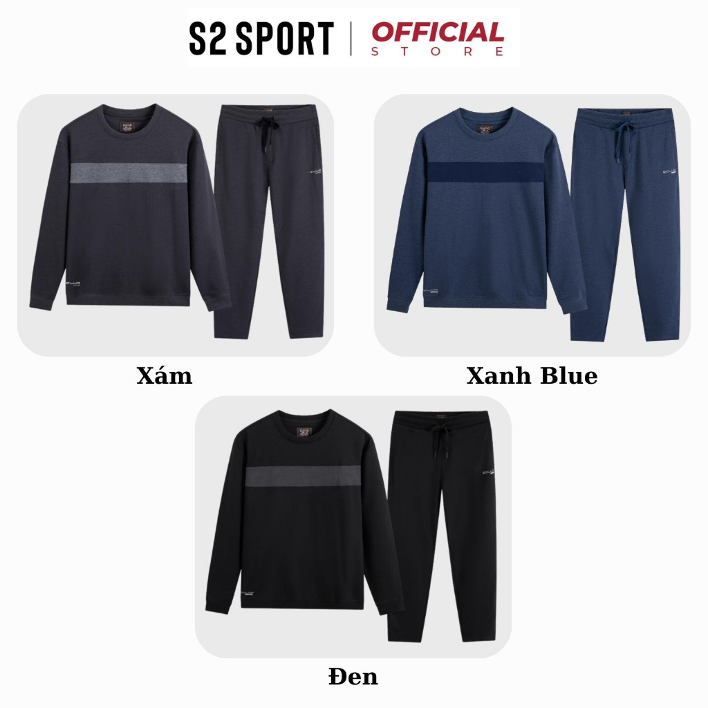 Bộ quần áo nỉ nam S2 SPORT SBNF04 áo sweater cotton USA CCBLUE cổ tròn dài tay phối quần jogger cạp chun ống suông