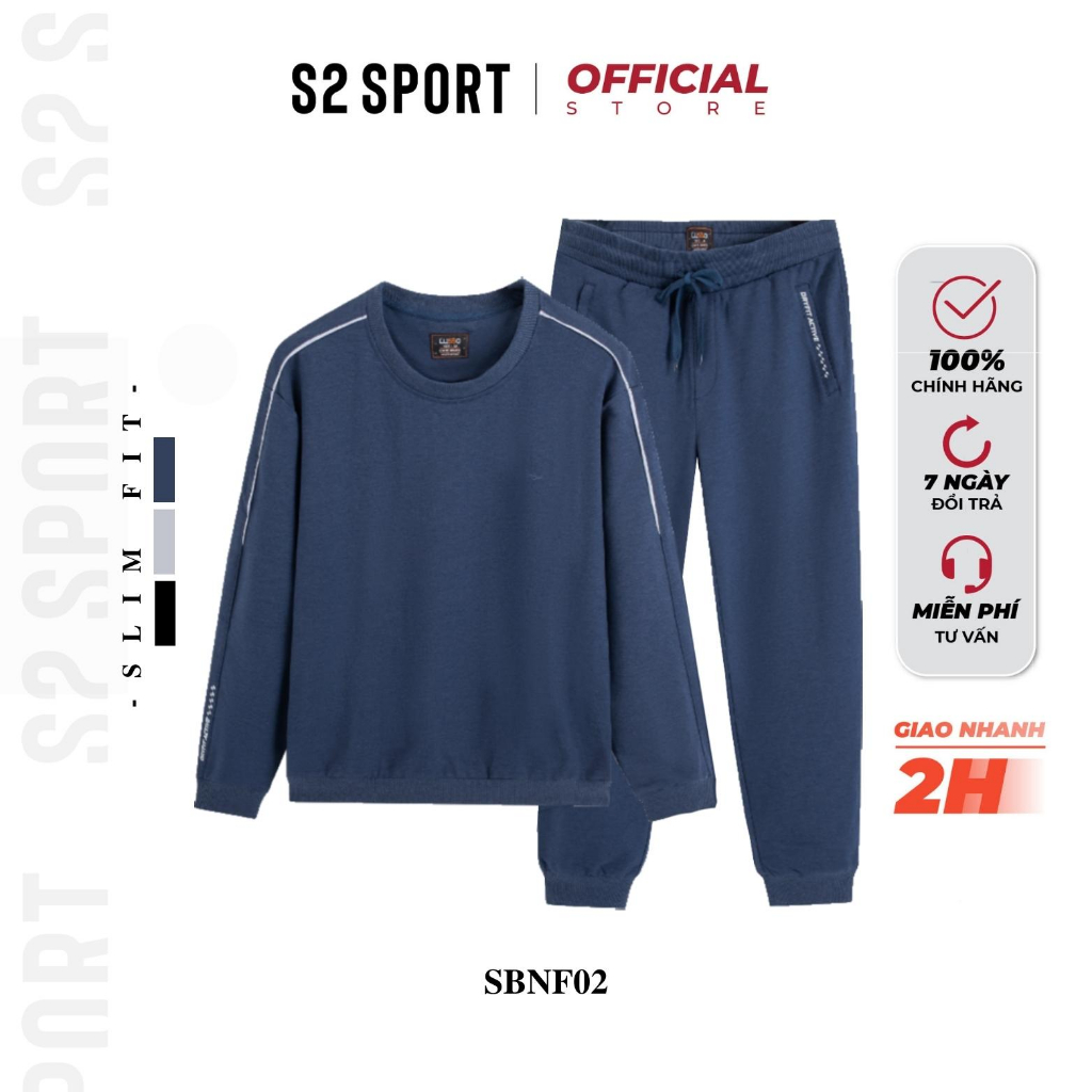 Bộ quần áo nỉ nam S2 SPORT SBNF02 áo sweater cotton USA cổ tròn phối line mặc nhà quần jogger cạp chun bo gấu thể thao