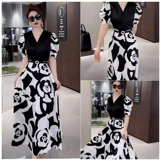 Đầm xòe tay bồng in hoa kèm belt cao cấp