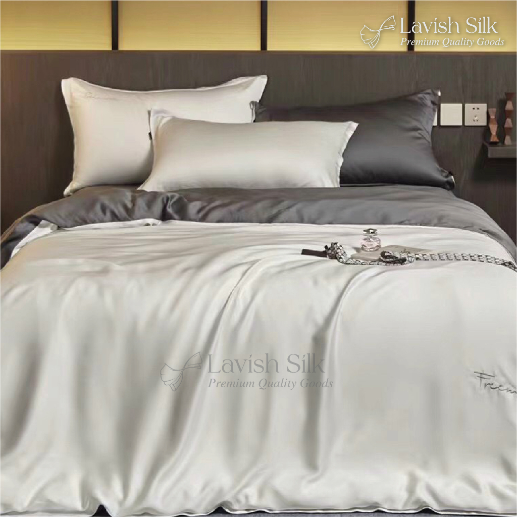 Bộ Chăn Ga Gối Lụa mềm mại mát lạnh cao cấp Lavish Silk Màu Xám Đậm Mix Trắng