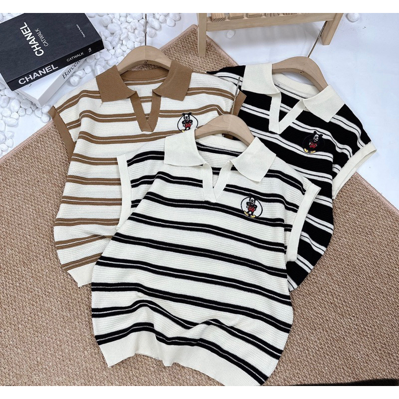 Áo polo len mongtoghi tay hến , logo thêu mickey , kèm video và ảnh thật