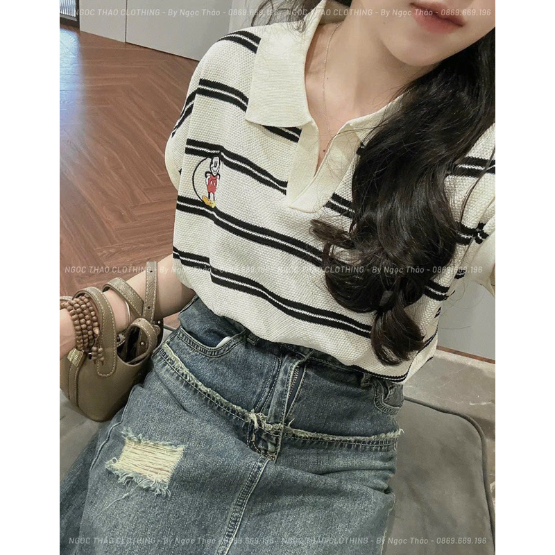 Áo polo len mongtoghi tay hến , logo thêu mickey , kèm video và ảnh thật