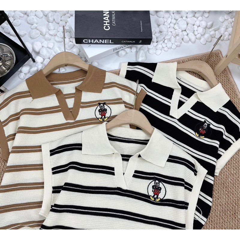 Áo polo len mongtoghi tay hến , logo thêu mickey , kèm video và ảnh thật