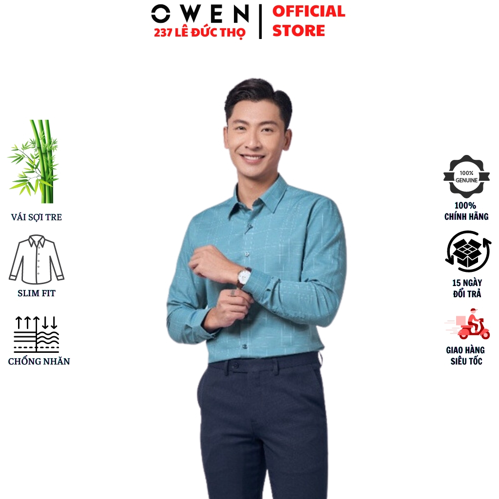 Áo sơ mi công sở nam cao cấp OWEN AS220924D somi dáng slim fit tà lượn không túi dài tay kẻ caro xanh trắng
