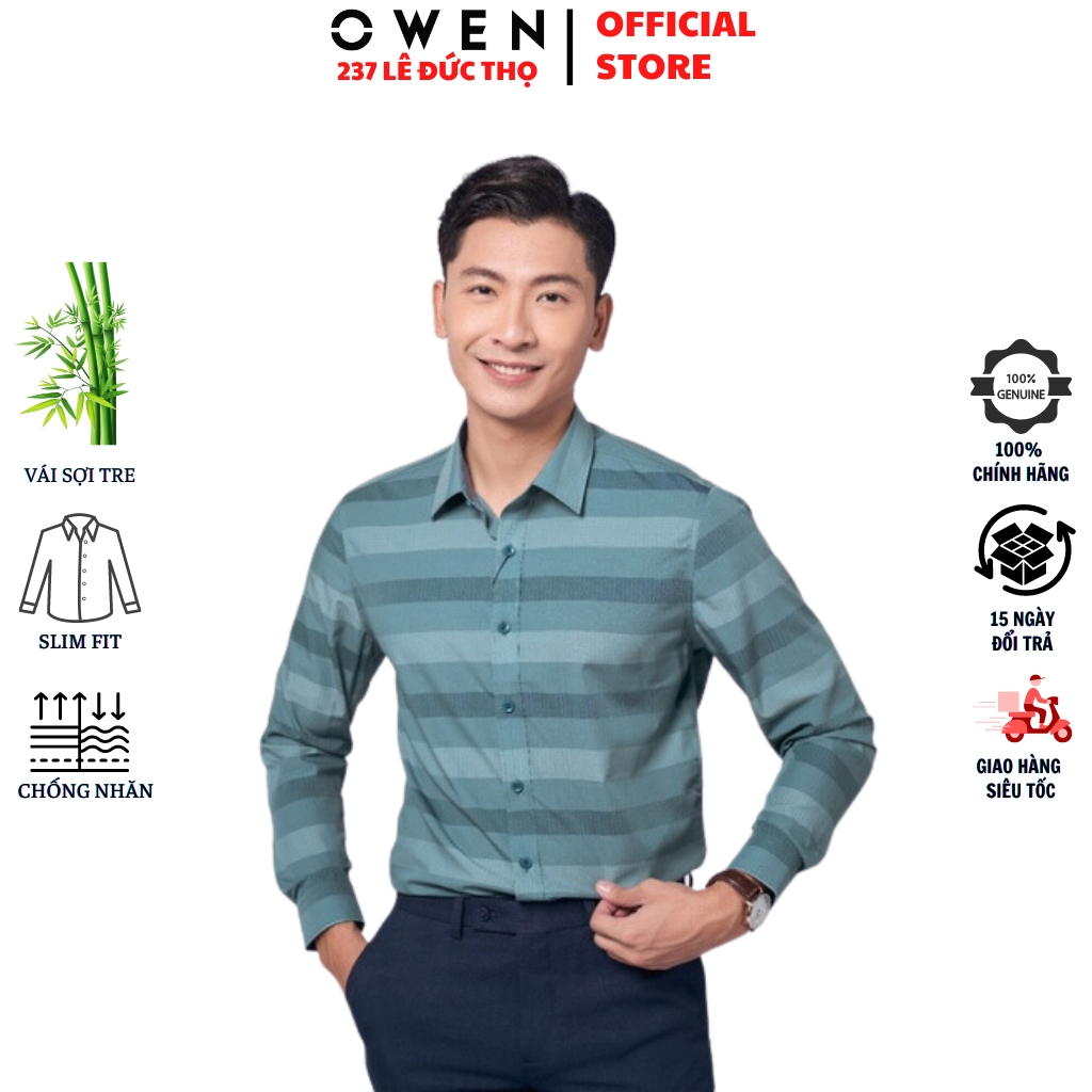 Áo sơ mi công sở nam cao cấp OWEN AS220833D somi dáng slim fit tà lượn không túi dài tay kẻ caro xanh đậm