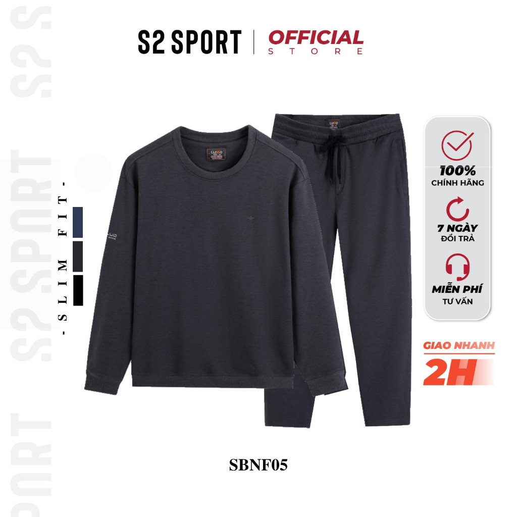 Bộ quần áo nỉ nam trơn S2 SPORT SBNF05 áo sweater thu đông cotton USA thêu hình nổi phối quần jogger cạp chun ống suông