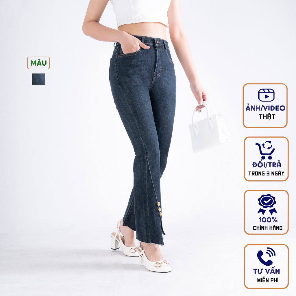 Quần Jeans Nữ Sky Jeans Kiểu Dáng Ống Loe Đính Khuy Xẻ Gấu Chất Liệu Co Giãn Phong Cách Trẻ Trung Thanh Lịch 83484