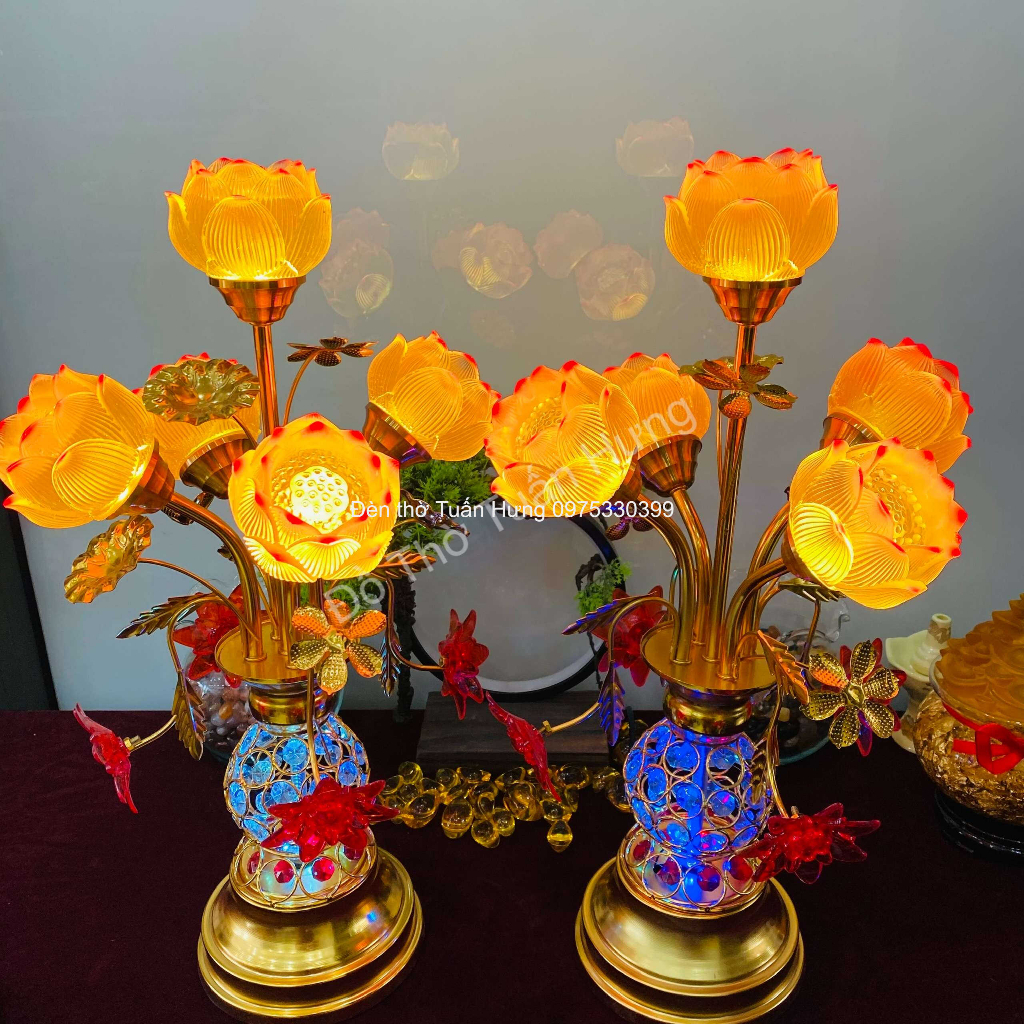 (1 cặp) đèn thờ sen lưu ly bông nụ bình hạt pha lê cao cấp