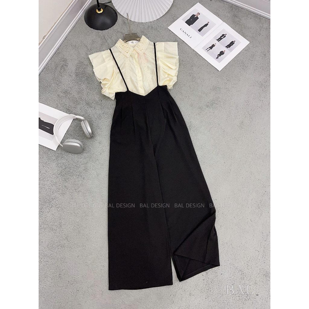 Set sơ mi tay rơi mix quần suông có dây điều chỉnh