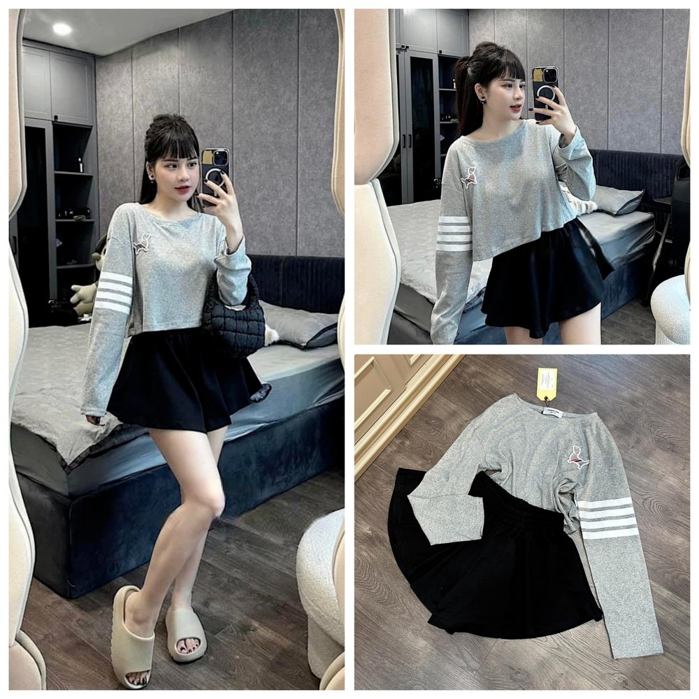 Set bộ nữ áo thun croptop dài tay kẻ 4 sọc tay áo kèm chân váy xoè xếp ly ngắn (có big size) TM80